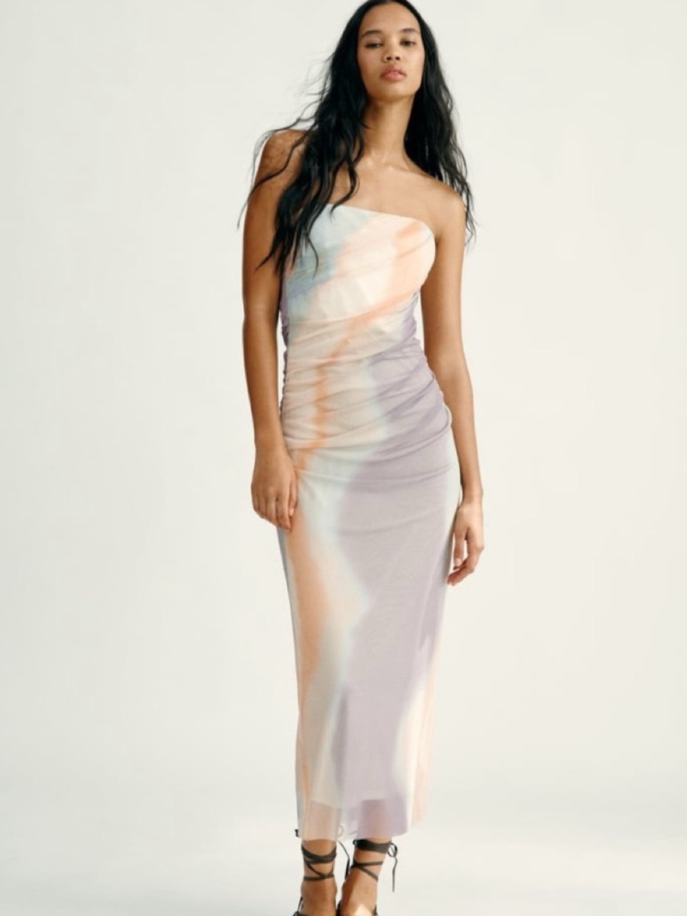 NWT Zara Strapless Printed Ruched Tulle Mesh Midi Dress, Cream Watercolor – L